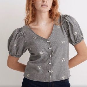Madewell Embroidered Flannel Bubble-Sleeve Crop Shirt